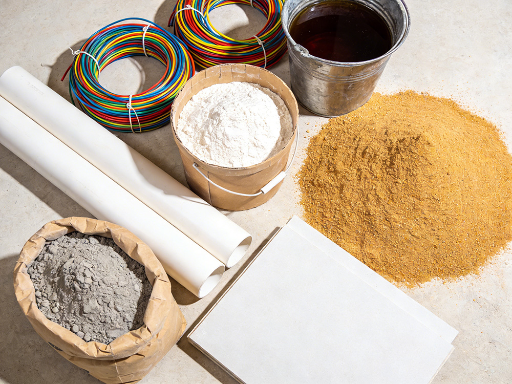 水泥、沙子、石膏板、膩子粉、水管、電線、防水涂料